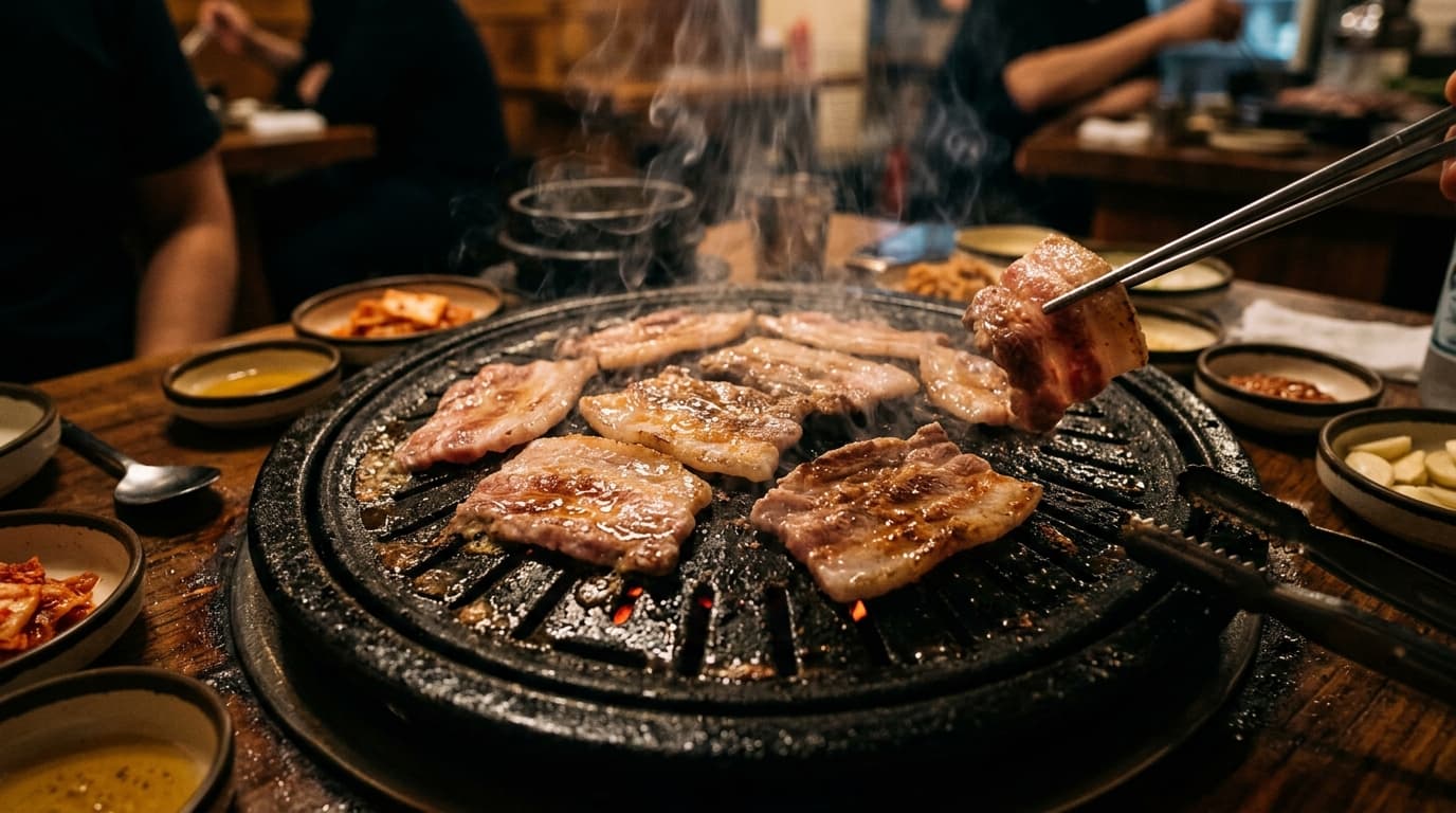 불판 위에서 노릇하게 익어가는 삼겹살
